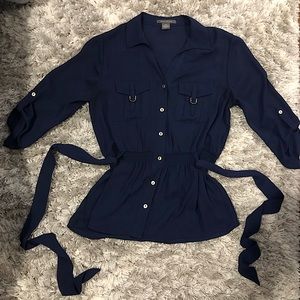 Suzy Shier Blue Tie-Waist Button-Front Tunic Blouse